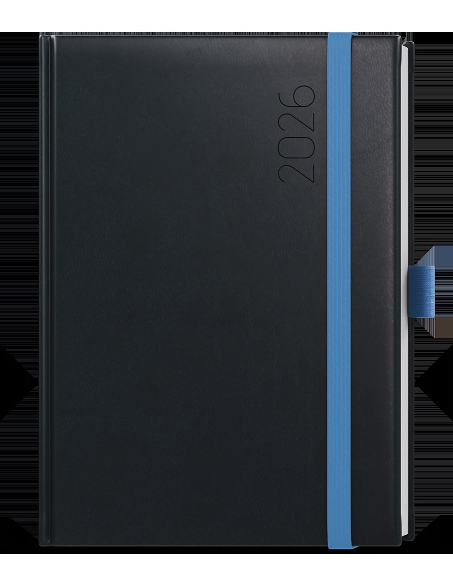 *B26  BDD3-2-26  Denní diář - David - Reno - A5 - černá  , gumička + poutko modré