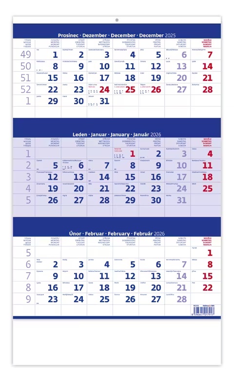 *H26  N205-26  nástěnný kalendář  Tříměsíční modrý , 315x450(70)