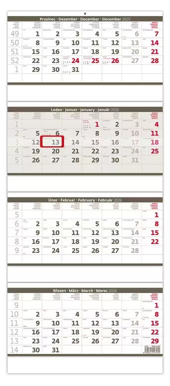 *H26  N209-26  nástěnný kalendář  Čtyřměsíční skládaný šedý , 315x740(35)