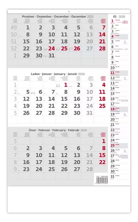 *H26  N210-26  nástěnný kalendář  Tříměsíční šedý s poznámkami , 315x450(70)